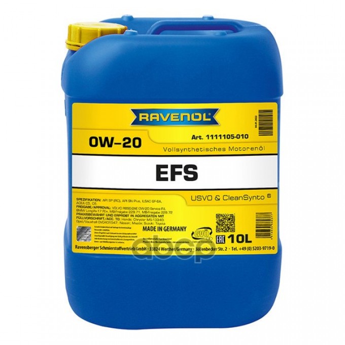 Ravenol Моторное Масло RAVENOL Efs Ecofullsynth Sae 0W-20 (10Л) New 111110501001999